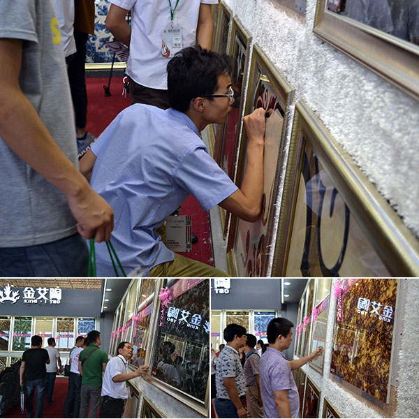 現(xiàn)場(chǎng)客商仔細(xì)觀摩金艾陶2.0道厚系列爆晶微晶石