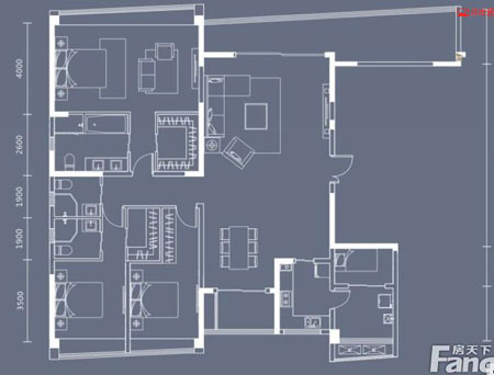 本單元的設計關鍵詞：凈、雅、簡、時尚。客廳是主人品位的象征，本客廳的墻面沒有過多的裝飾，客餐廳的酒柜設計更是凸顯了主人的品味格調，而本設計客廳沒有主燈，讓人感覺視野比較開闊。